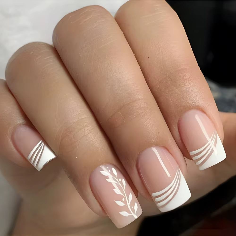 24Pcs Short Ballet False Nails with Bow Design White French Press on Nails Wearable Square Head Full Cover Fake Nail Manicure