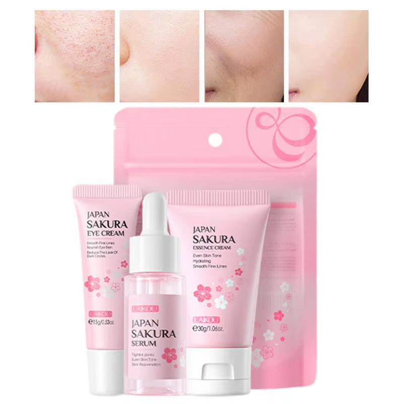 One Set Japan Sakura Skincare Set Korean Face Serum Essence Cream Moisturize Fade Dark Circles Eye Cream Cosmetics Skin Care Set