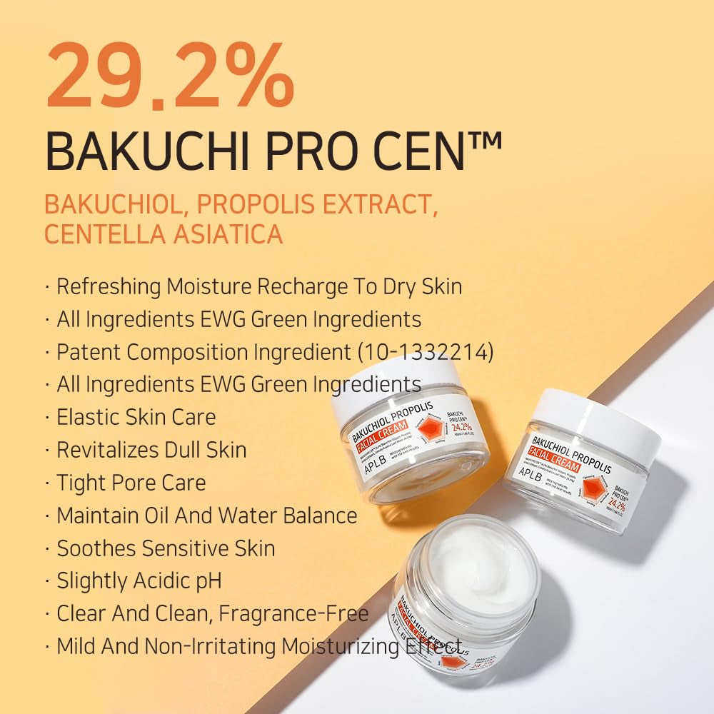 Bakuchiol Propolis Facial Cream | BAKUCHI PRO CEN™ 24.2% 1.86 Fl.Oz/Korean Skincare, Wrinkle Care, Deep Hydration, Revitalize for Gentle and Improve Skin Texture