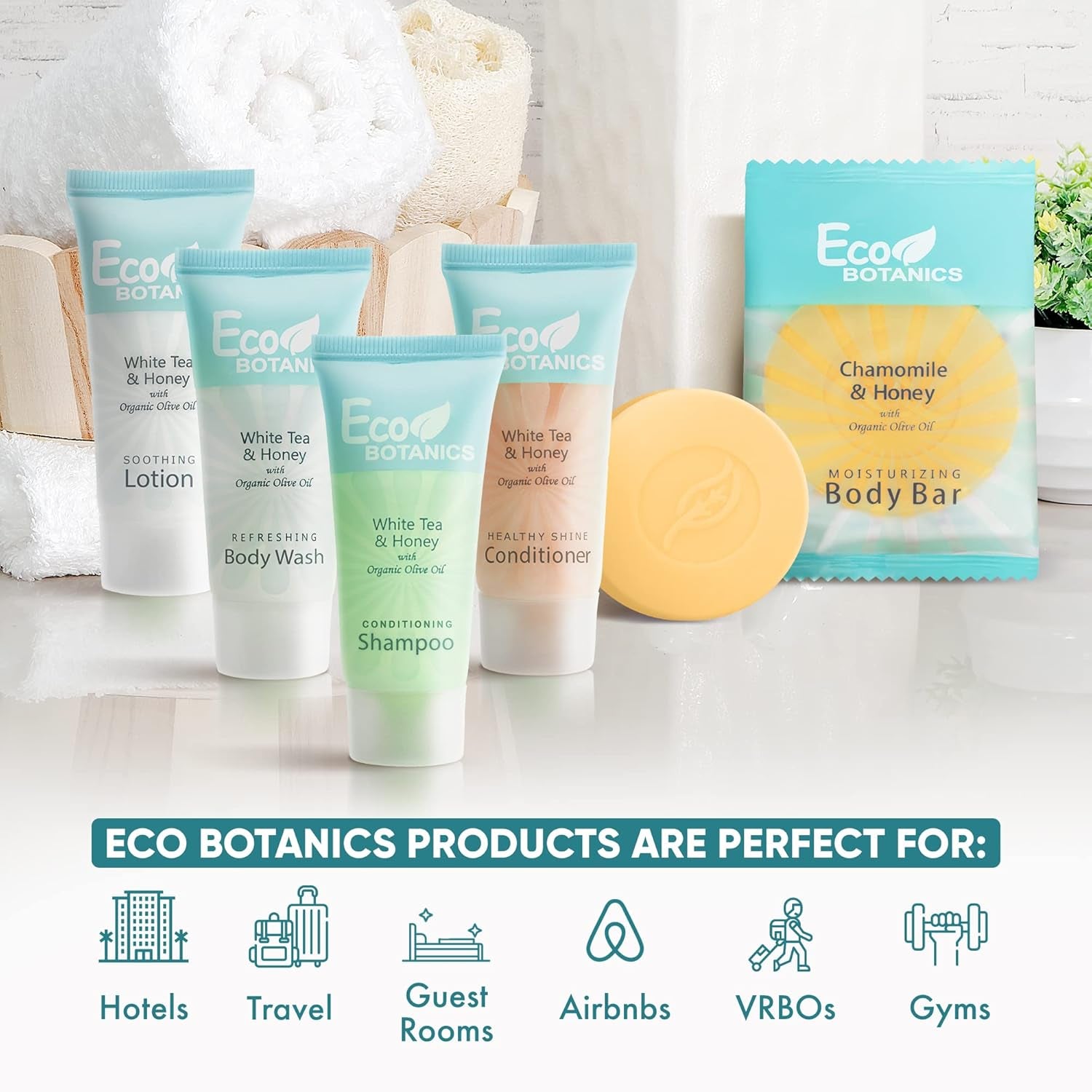 Eco Botanics Hotel Soaps and Toiletries Bulk Set | 1-Shoppe All-In-Kit Amenities |0.85Oz Shampoo & Conditioner, Body Wash, Body Lotion & 0.89Oz Bar Soap Travel Size | 75 Pieces