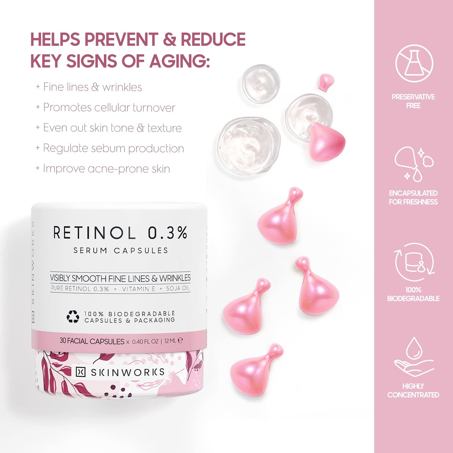 Retinol anti Aging Wrinkle Correction Night Serum with Hyaluronic Acid Serum for Dark Spots, Post-Acne Scars, Instantly Plump & Hydrates Skin, Unscented, 30 Capsules