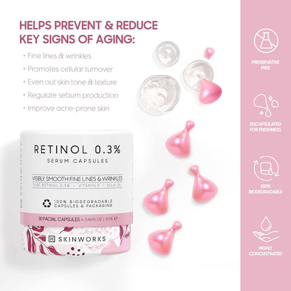 Retinol anti Aging Wrinkle Correction Night Serum with Hyaluronic Acid Serum for Dark Spots, Post-Acne Scars, Instantly Plump & Hydrates Skin, Unscented, 30 Capsules