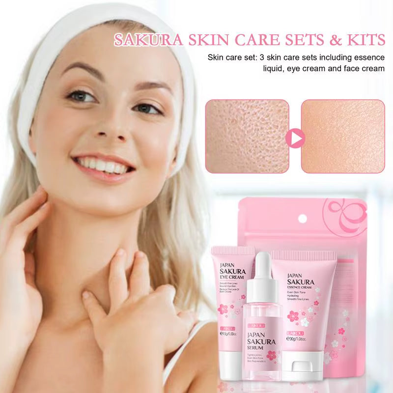 One Set Japan Sakura Skincare Set Korean Face Serum Essence Cream Moisturize Fade Dark Circles Eye Cream Cosmetics Skin Care Set