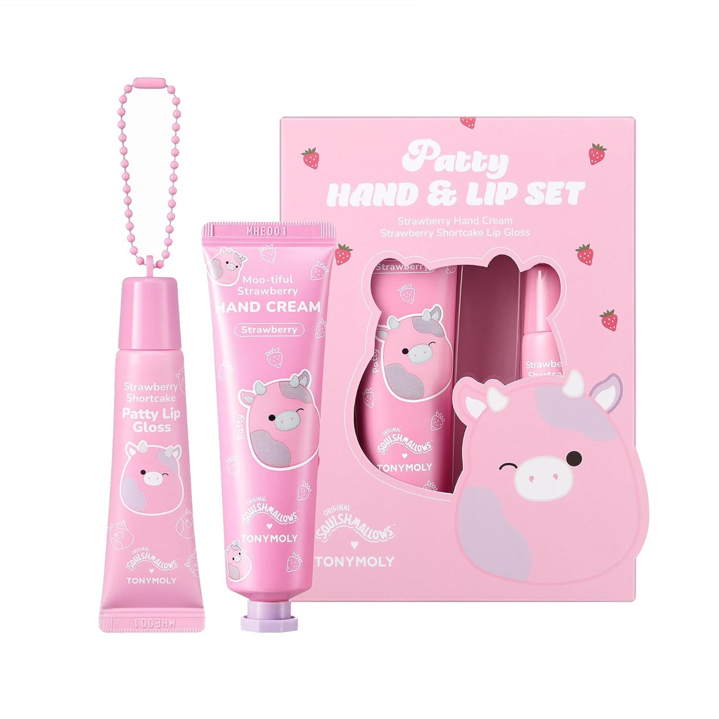 X Squishmallows Patty the Cow 2 PC Hand Cream & Lip Gloss Set, Strawberry Hand Cream, Strawberry Shortcake Lip Gloss