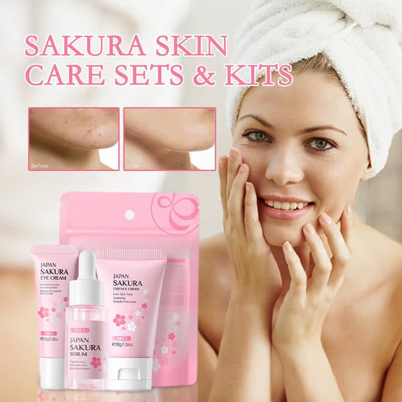 One Set Japan Sakura Skincare Set Korean Face Serum Essence Cream Moisturize Fade Dark Circles Eye Cream Cosmetics Skin Care Set