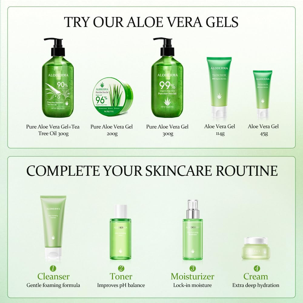 Aloe Vera Gel Set 3 Pack - Aloe Flower Essence Gel, Pure Aloe Vera Gel, Aloe Vera Gel + Tea Tree Oil