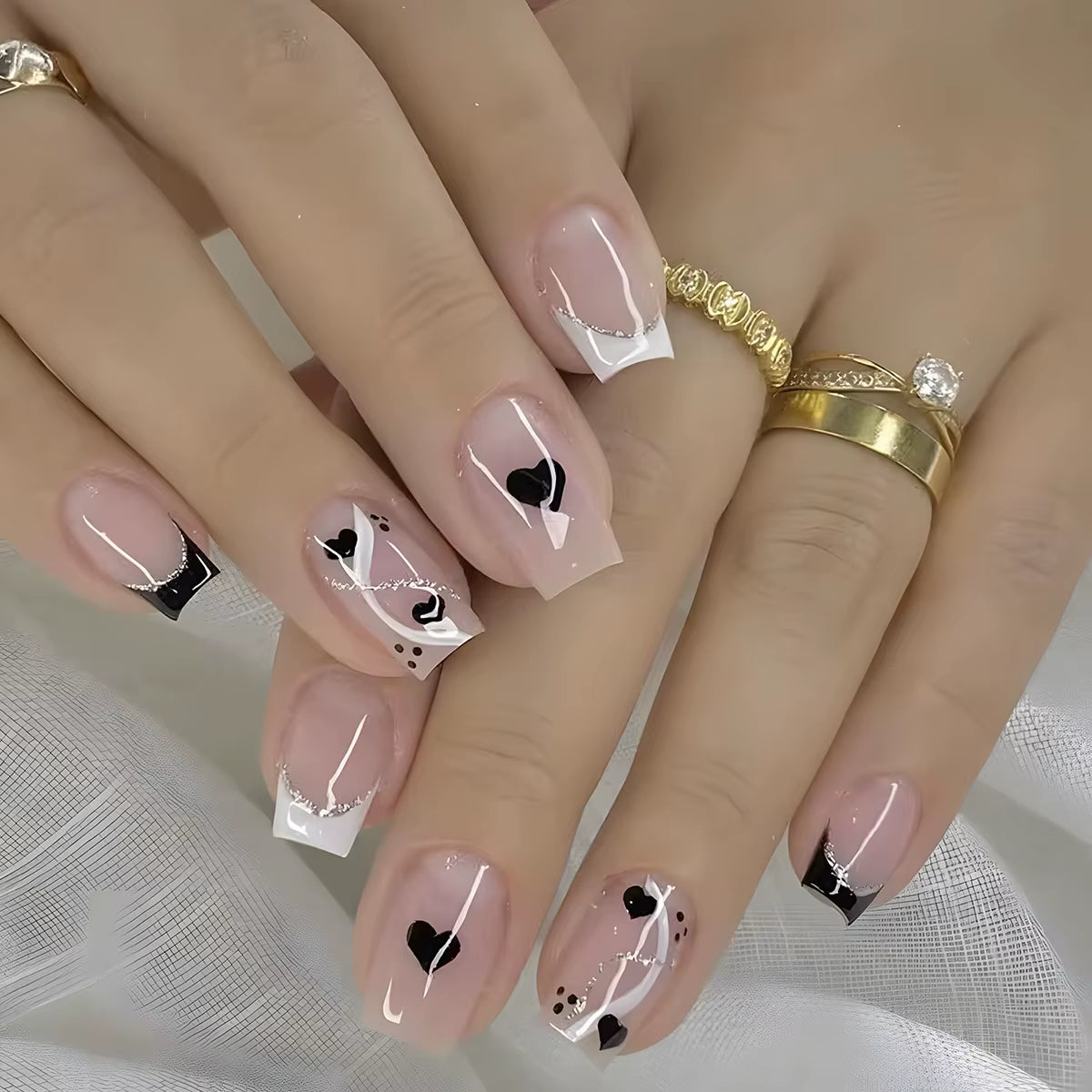 24Pcs Short Ballet False Nails with Bow Design White French Press on Nails Wearable Square Head Full Cover Fake Nail Manicure