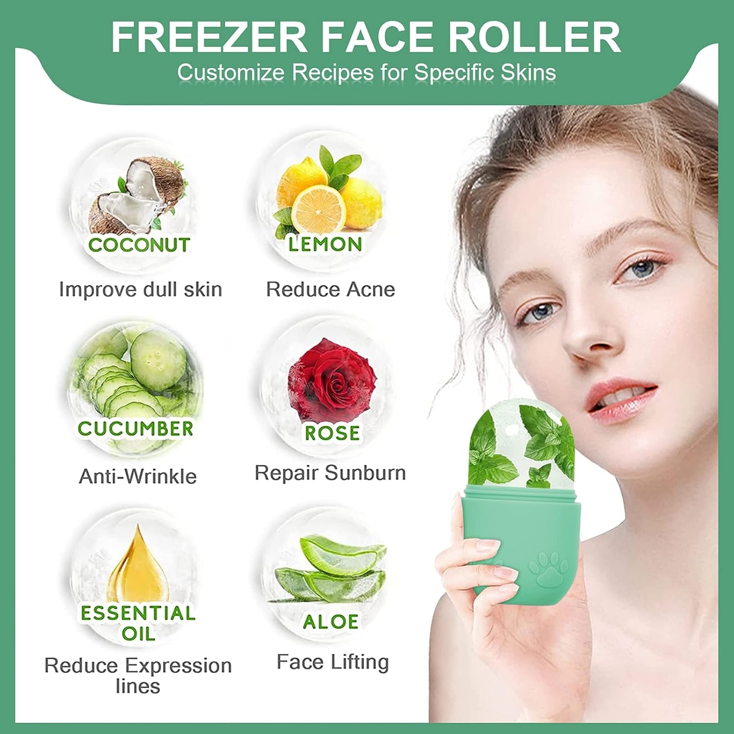 Face Ice Roller, Ice Cube Roller for Eye Puffiness Relief, Silicone Icer Tool for Face and Neck to Relieve Fine Lines Puffiness Pores Wrinkles (Green)