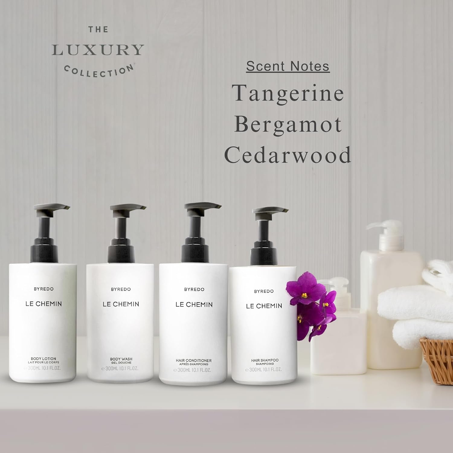 Le Chemin - Bath & Body Set - Hotel Spa Shower Soap - Tangerine, Bergamot, Florence Orris, Violets, Cypress, Cedarwood - Shampoo, Conditioner, Body Wash, & Body Lotion