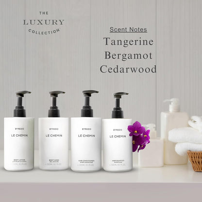 Le Chemin - Bath & Body Set - Hotel Spa Shower Soap - Tangerine, Bergamot, Florence Orris, Violets, Cypress, Cedarwood - Shampoo, Conditioner, Body Wash, & Body Lotion