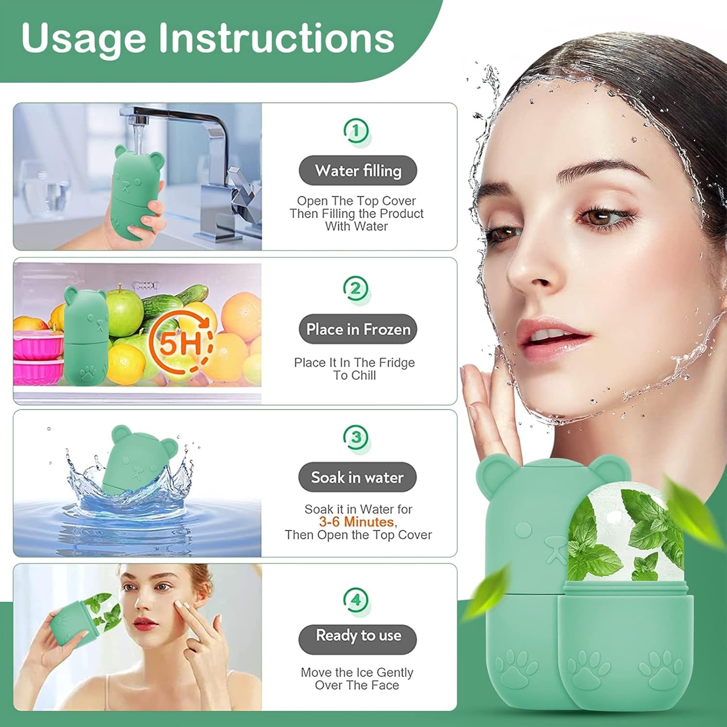 Face Ice Roller, Ice Cube Roller for Eye Puffiness Relief, Silicone Icer Tool for Face and Neck to Relieve Fine Lines Puffiness Pores Wrinkles (Green)