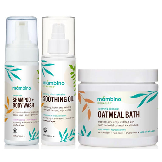 Soothing Bath Set - Organic Colloidal Oatmeal Bath Soak, Soothe Me Shampoo & Body Wash, Calmingoil - Cruely-Free & Vegan Bath Products