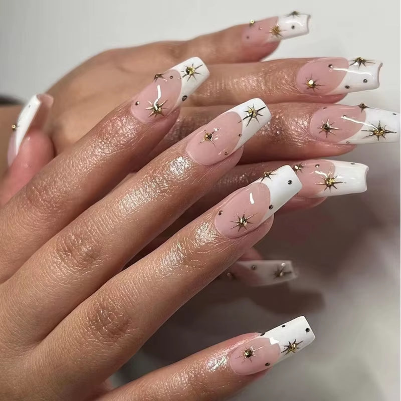 24Pcs Short Ballet False Nails with Bow Design White French Press on Nails Wearable Square Head Full Cover Fake Nail Manicure