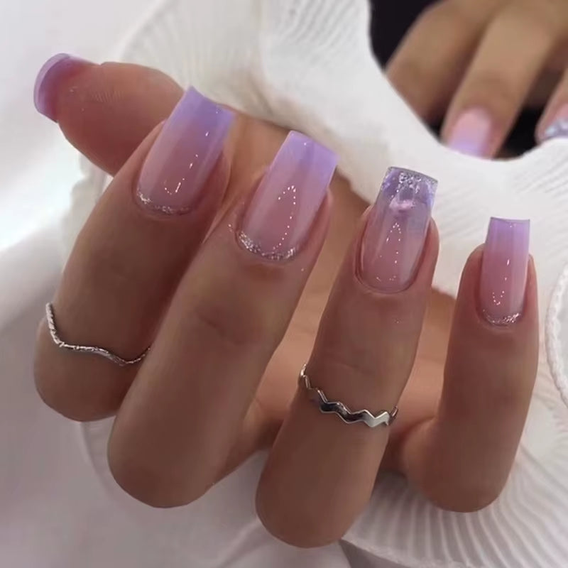 24Pcs Gradient Purple Nail Art Tips Simple Short Square Head False Nails Detachable Fashion Press on Nails Full Cover Fake Nails