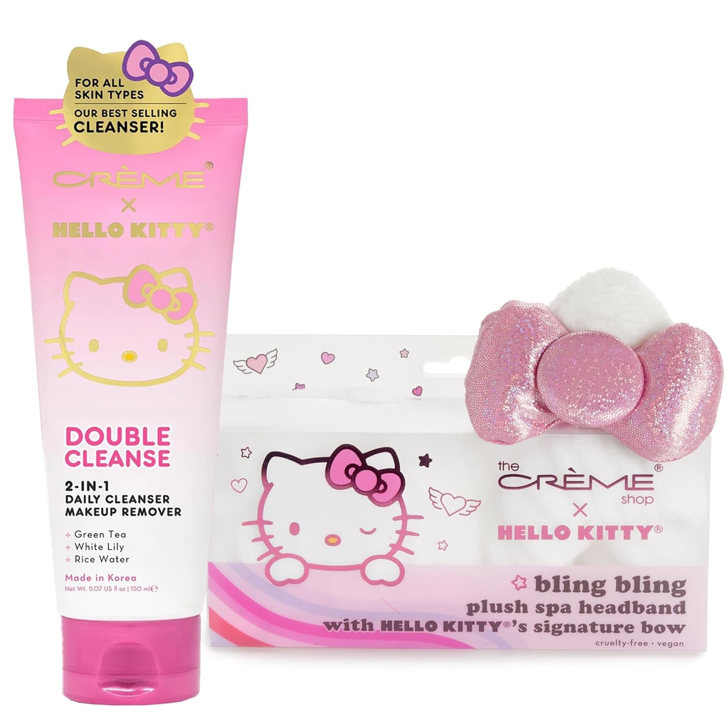 Beauty Bundle the Creme Shop X Hello Kitty Korean Skincare Spa Set 2 in 1 Double Cleanser Daily Cleanser & Makeup Remover & Bling Bling Plush Headband