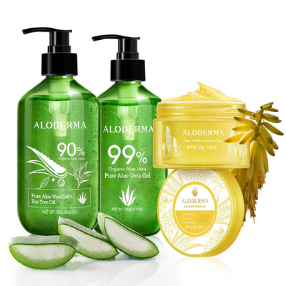 Aloe Vera Gel Set 3 Pack - Aloe Flower Essence Gel, Pure Aloe Vera Gel, Aloe Vera Gel + Tea Tree Oil