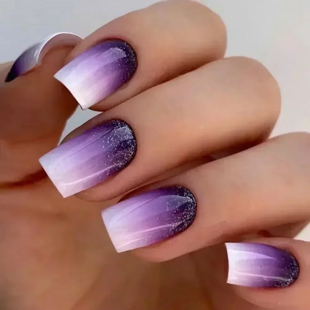 24Pcs Gradient Purple Nail Art Tips Simple Short Square Head False Nails Detachable Fashion Press on Nails Full Cover Fake Nails